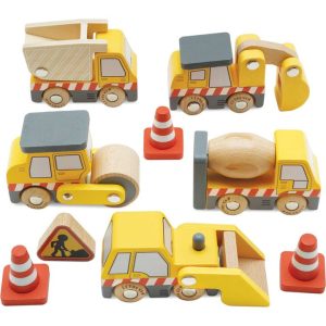 7 Piece Wood Construction Toy Cars, Trucks & Diggers Set